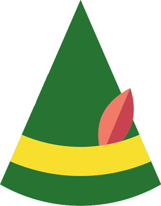 A festive elf hat with a yellow band and an orange feather.